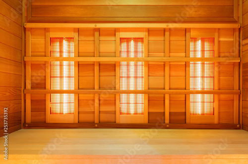Interior of empty classic wooden sauna, infrared panels