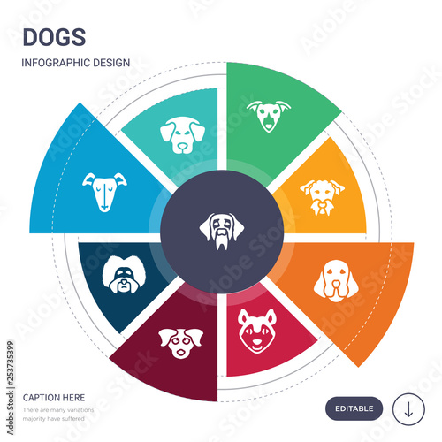 set of 9 simple dogs vector icons. contains such as great dane dog, great pyrenees dog, greyhound dog, havanese hovawart husky irish setter icons and others. editable infographics design