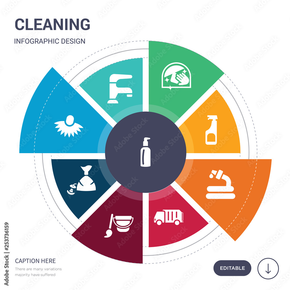 set of 9 simple cleaning vector icons. contains such as emulsion, faucet, feather duster, floor mop, garbage, garbage truck, garden hose icons and others. editable infographics design
