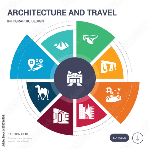 set of 9 simple architecture and travel vector icons. contains such as police station, pyramids, route, safari desert, shopping center, skyscraper, stadium icons and others. editable infographics