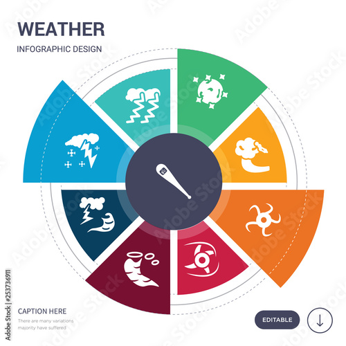 set of 9 simple weather vector icons. contains such as thermometer, thunderbolt, thundersnow, thunderstorm, tornado, tropical cyclone, tropical storm icons and others. editable infographics design
