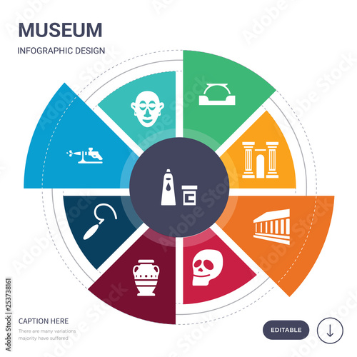 set of 9 simple museum vector icons. contains such as acrylic, african mask, airbrush, ancient, ancient jar, anthropology, antic architecture icons and others. editable infographics design