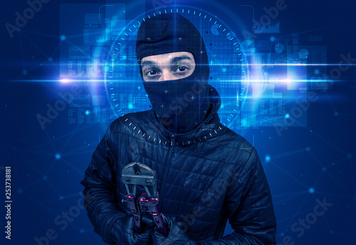 Facial recognition system. Young man on blue background