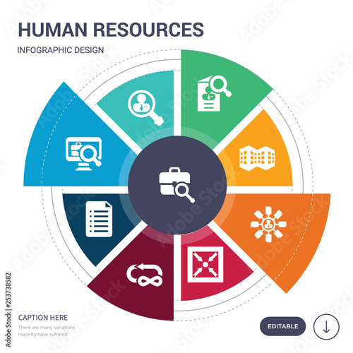 set of 9 simple human resources vector icons. contains such as job, job application, job search, list, loop, meeting point, multitask icons and others. editable infographics design