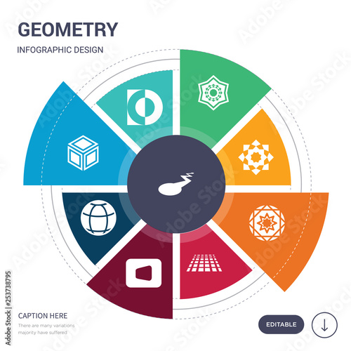 set of 9 simple geometry vector icons. contains such as segment, semicircle, side to side of a cube, sphere, square, squares, sri yantra icons and others. editable infographics design