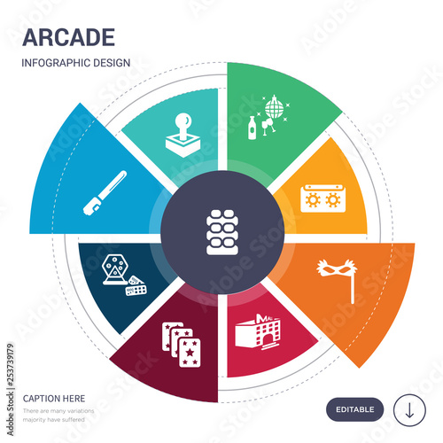 set of 9 simple arcade vector icons. contains such as jenga, joystick, lightsaber, lottery game, magic cards, mall, masquerade icons and others. editable infographics design