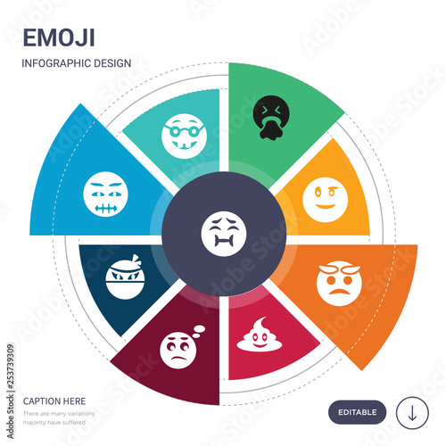 set of 9 simple emoji vector icons. contains such as nauseated emoji, nerd emoji, nervous ninja pensive poo pouting icons and others. editable infographics design