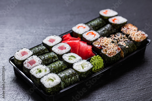 Takeaway tray is packed with delicious maki set