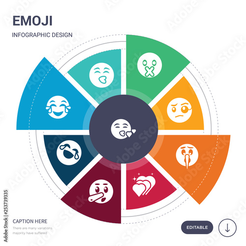 set of 9 simple emoji vector icons. contains such as kissing with closed eyes emoji, kissing with smiling eyes emoji, laugh laughing liar love lying icons and others. editable infographics design
