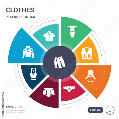 set of 9 simple clothes vector icons. contains such as trousers, tshirt, turtleneck, tuxedo, underpants, underwear, ushanka icons and others. editable infographics design