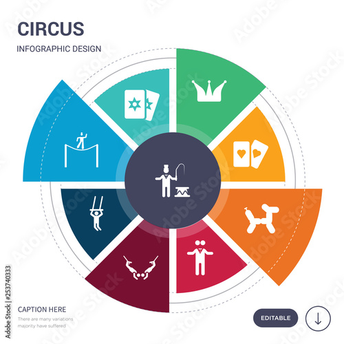 set of 9 simple circus vector icons. contains such as tamer, tarot, tightrope walker, trapeze, trapeze artist, two headed man, balloon dog icons and others. editable infographics design