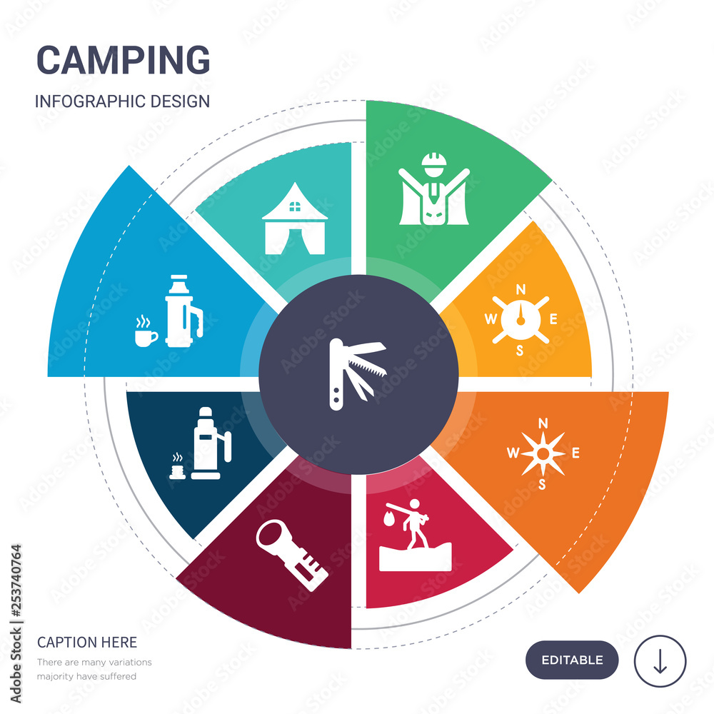 set of 9 simple camping vector icons. contains such as swiss knife, tent, thermo, thermos, torch, trekking, wind rose icons and others. editable infographics design set of 9 simple camping vector icons. contains such as swiss knife, tent, thermo, thermos, torch, trekking, wind rose icons and others. editable infographics design
