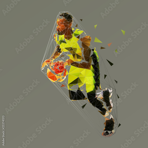 Basketball player running with ball, low polygonal vector illustration. African american athlete. Streetball
