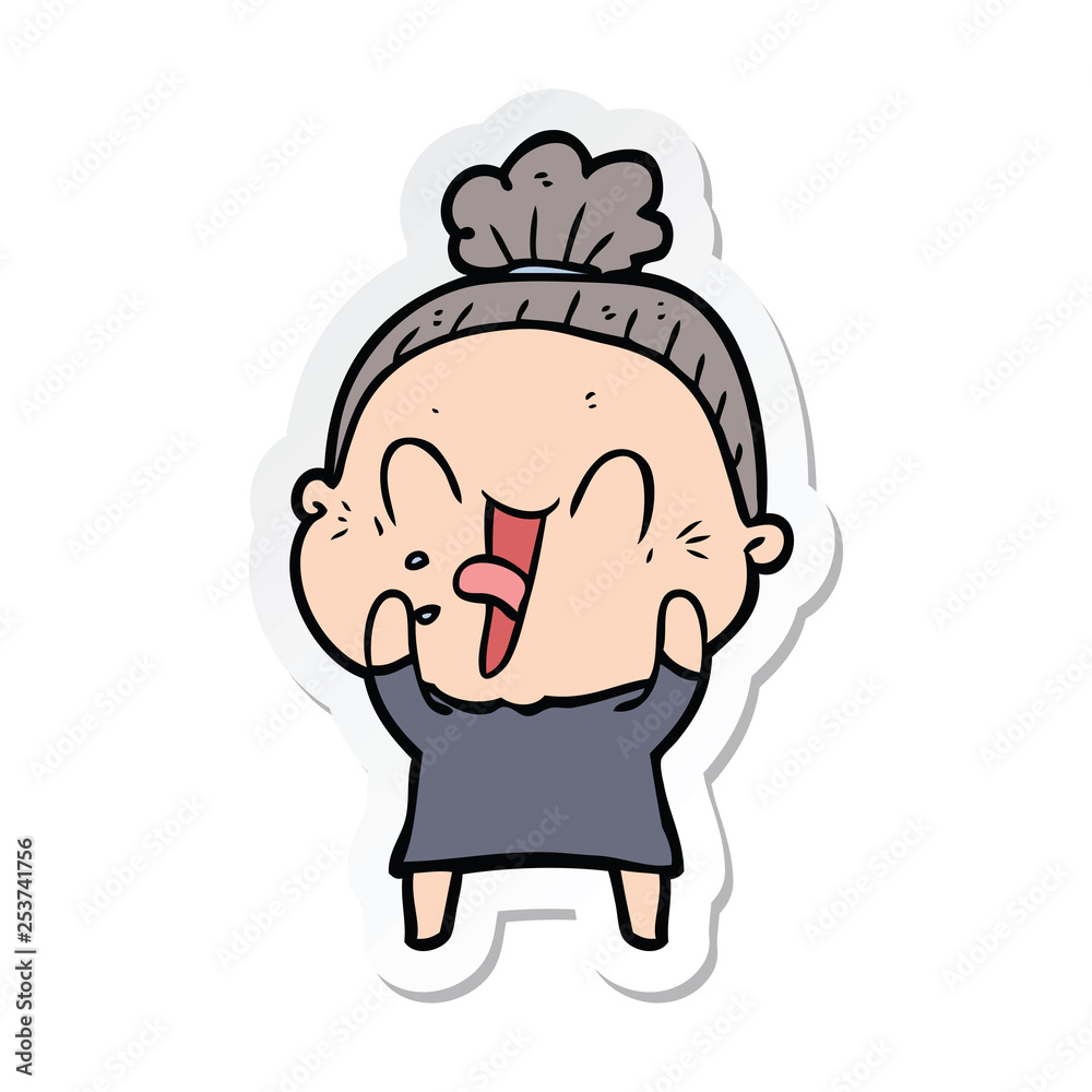 sticker of a cartoon happy old woman sticker of a cartoon happy old woman