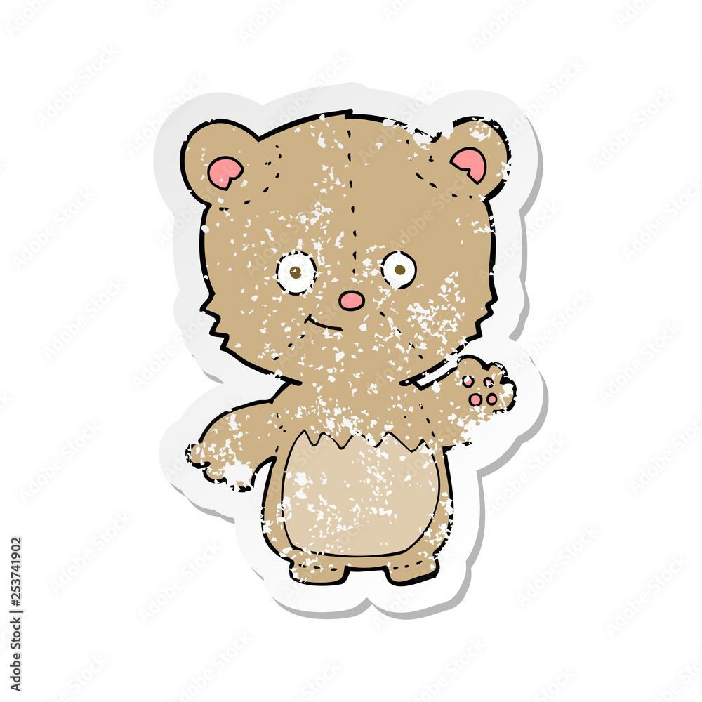 retro distressed sticker of a cartoon teddy bear waving retro distressed sticker of a cartoon teddy bear waving