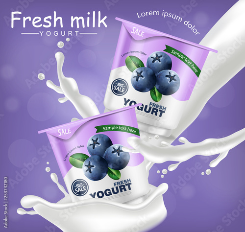Blueberry yogurt Vector realistic. Product placement mock up. Fresh yogurt splash with fruits. Label design. 3d detailed illustrations