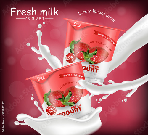 Strawberry yogurt Vector realistic. Product placement mock up. Fresh yogurt splash with fruits. Label design. 3d detailed illustrations