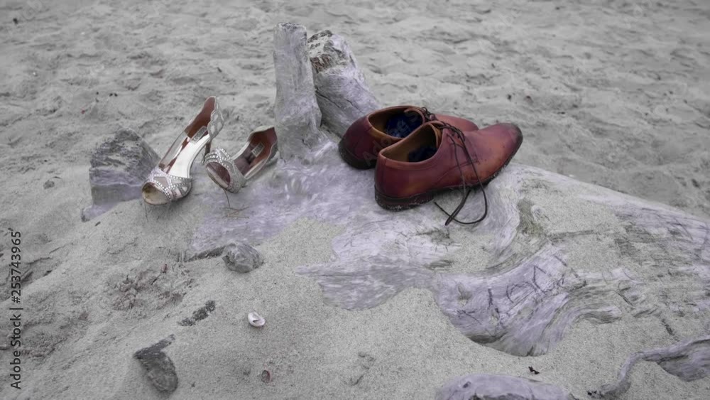 Shoes on a log in the sand