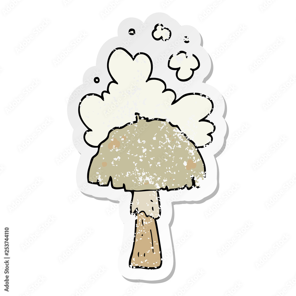 distressed sticker of a cartoon mushroom with spore cloud