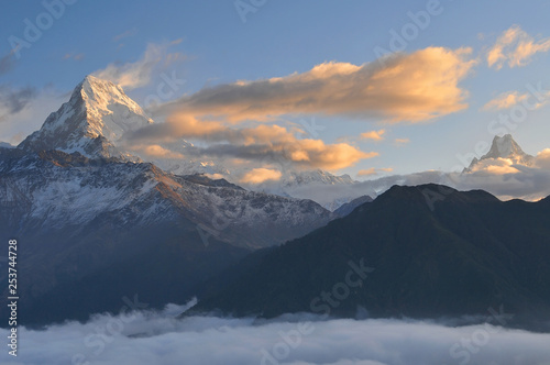 Nepal, Ghorepani, Poon Hill, Dhaulagiri massif, Himalaya, Annapurna South view from Poon Hill, Himalaya.