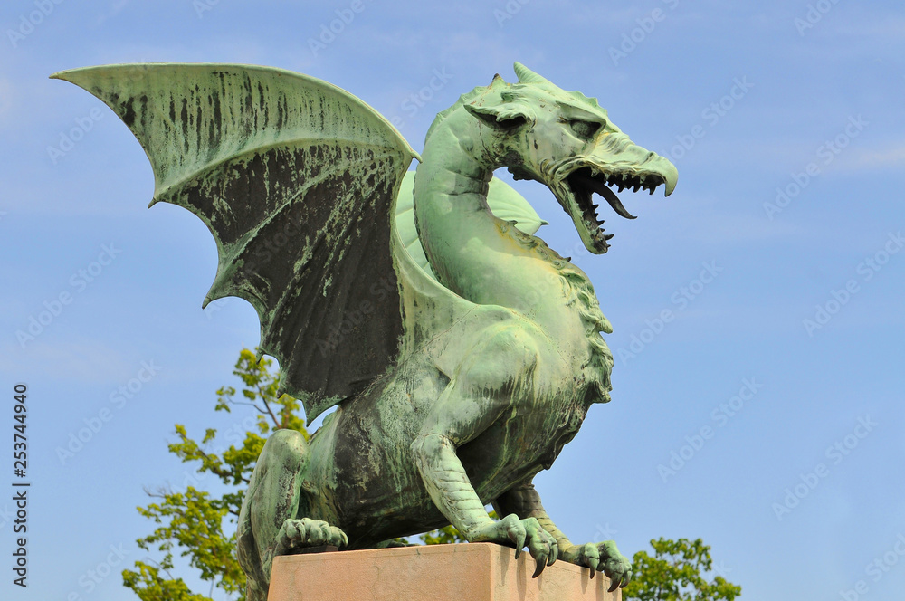 Slovenia, Ljubljana, Bronze dragon on the dragon bridge, Ljubljana.
