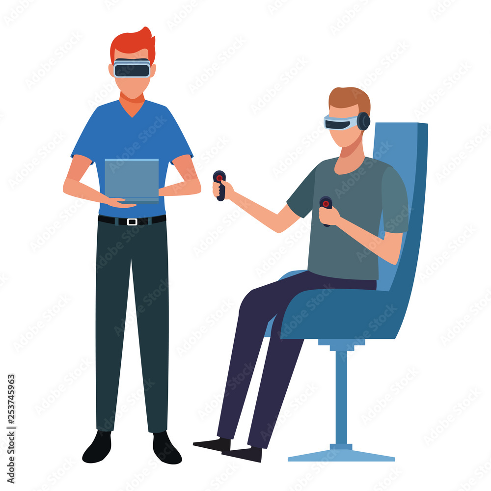 People playing with virtual reality glasses People playing with virtual reality glasses