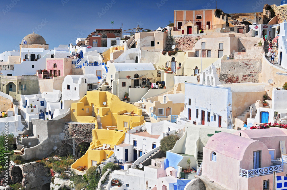 Viewing point of Santorini Caldera Oia white houses. Oia, Santorini Island, Greece. Viewing point of Santorini Caldera Oia white houses. Oia, Santorini Island, Greece.