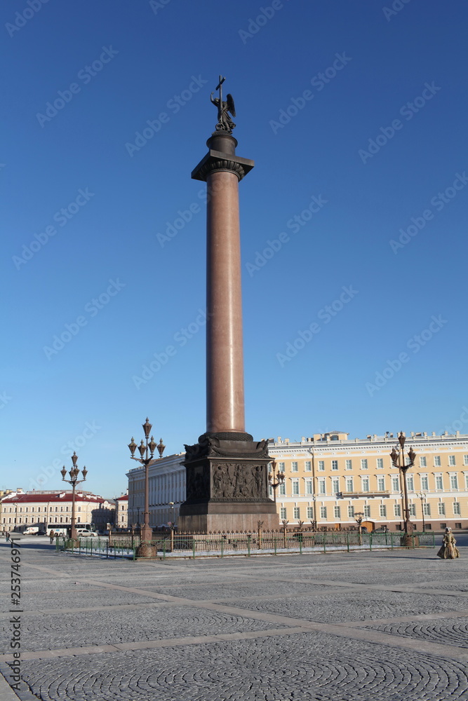 St. Petersburg, Russia, February 16, 2015 Alexander Column on the palace square