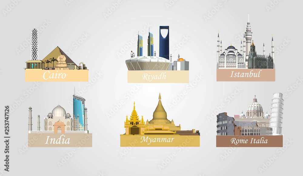 Fototapeta premium Vector City of Cairo, Istanbul, Riyadh, India, Myanmar, Rome Italy
