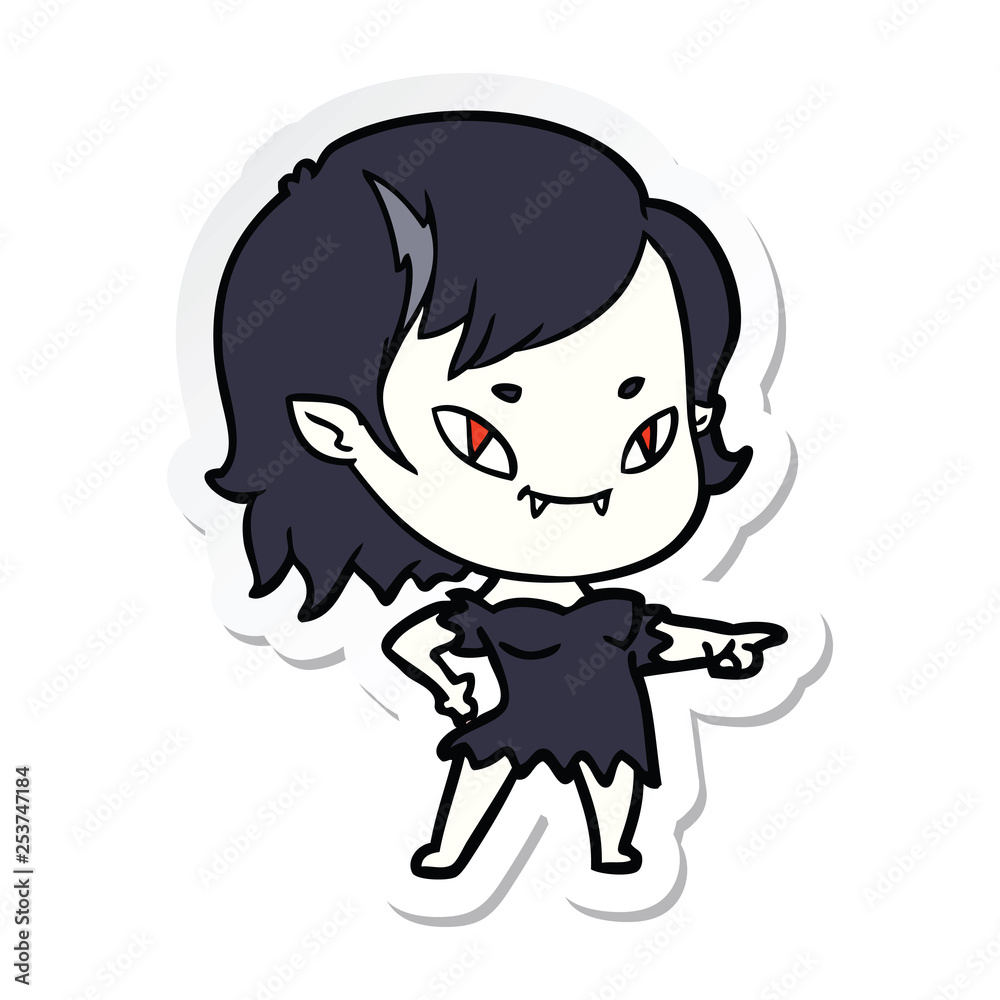 sticker of a cartoon friendly vampire girl pointing sticker of a cartoon friendly vampire girl pointing