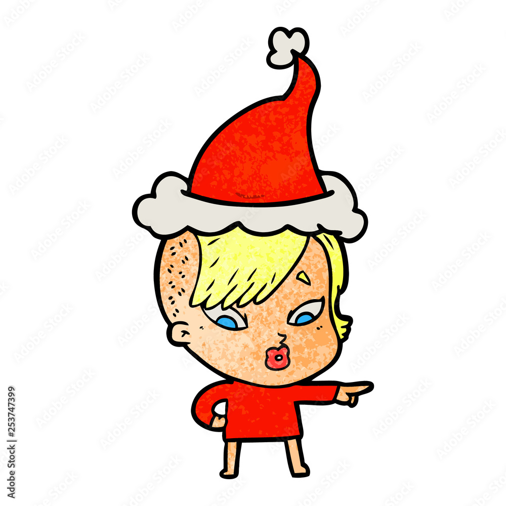 textured cartoon of a surprised girl pointing wearing santa hat textured cartoon of a surprised girl pointing wearing santa hat