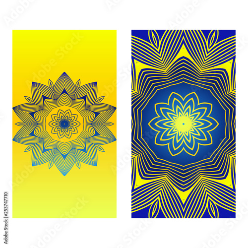Templates For Greeting And Business Cards. Vector Illustration. Oriental Pattern With. Mandala. Wedding Invitation. Blue yellow color