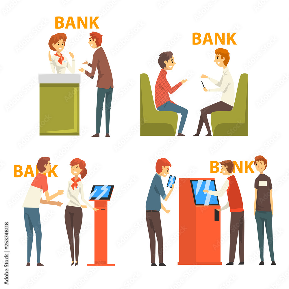 People Consulting at Managers at Bank Office and Getting Money Through Cash Dispenser, Banking Service Vector Illustration People Consulting at Managers at Bank Office and Getting Money Through Cash Dispenser, Banking Service Vector Illustration
