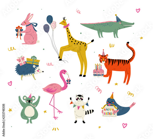 Cute Animals Wearing Party Hats with Birthday Cakes and Gift Boxes Set, Cute Bunny, Giraffe, Crocodile, Tiger, Koala, Raccoon, Flamingo, Hedgehog Characters for Birthday Design Vector Illustration