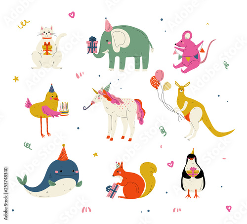 Cute Animals Wearing Party Hats with Birthday Cakes and Gift Boxes Set, Cute Cat, Elephant, Mouse, Chicken, Kangaroo, Whale, Squirrel, Penguin Characters for Happy Birthday Design Vector Illustration
