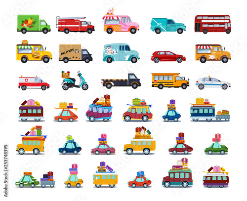 Cute City Transport Set, Colorful Childish Cars and Vehicles Vector Illustration