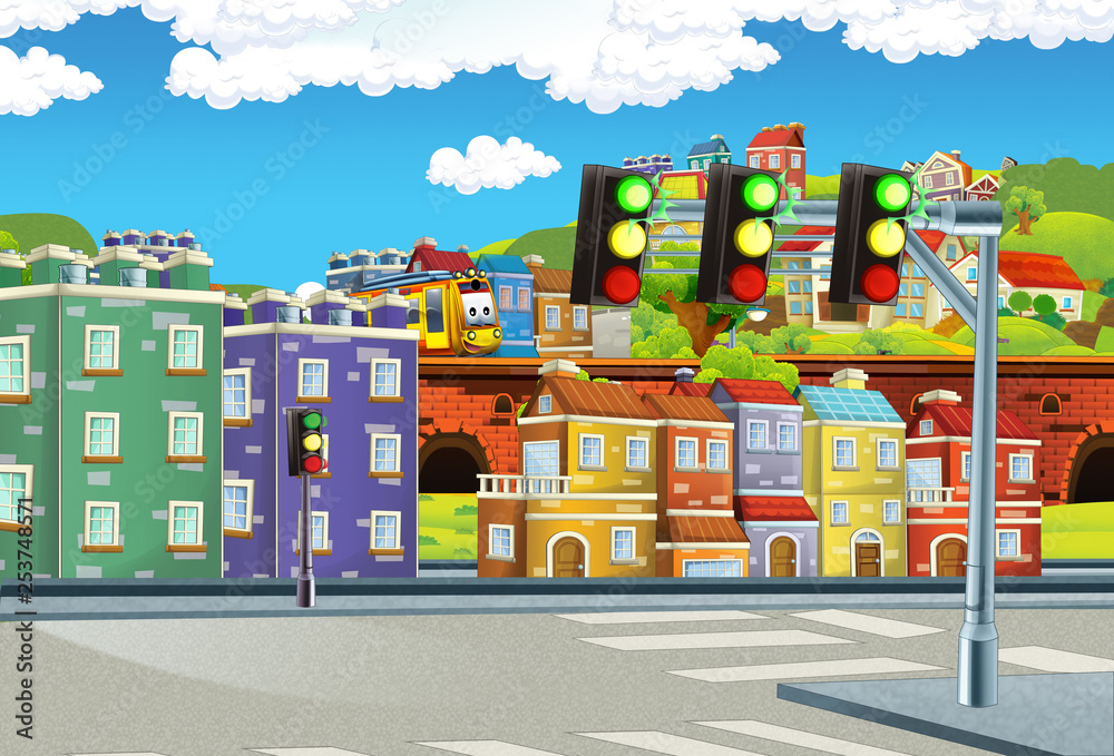 cartoon happy and funny scene of the middle of a city for different usage - illustration for children