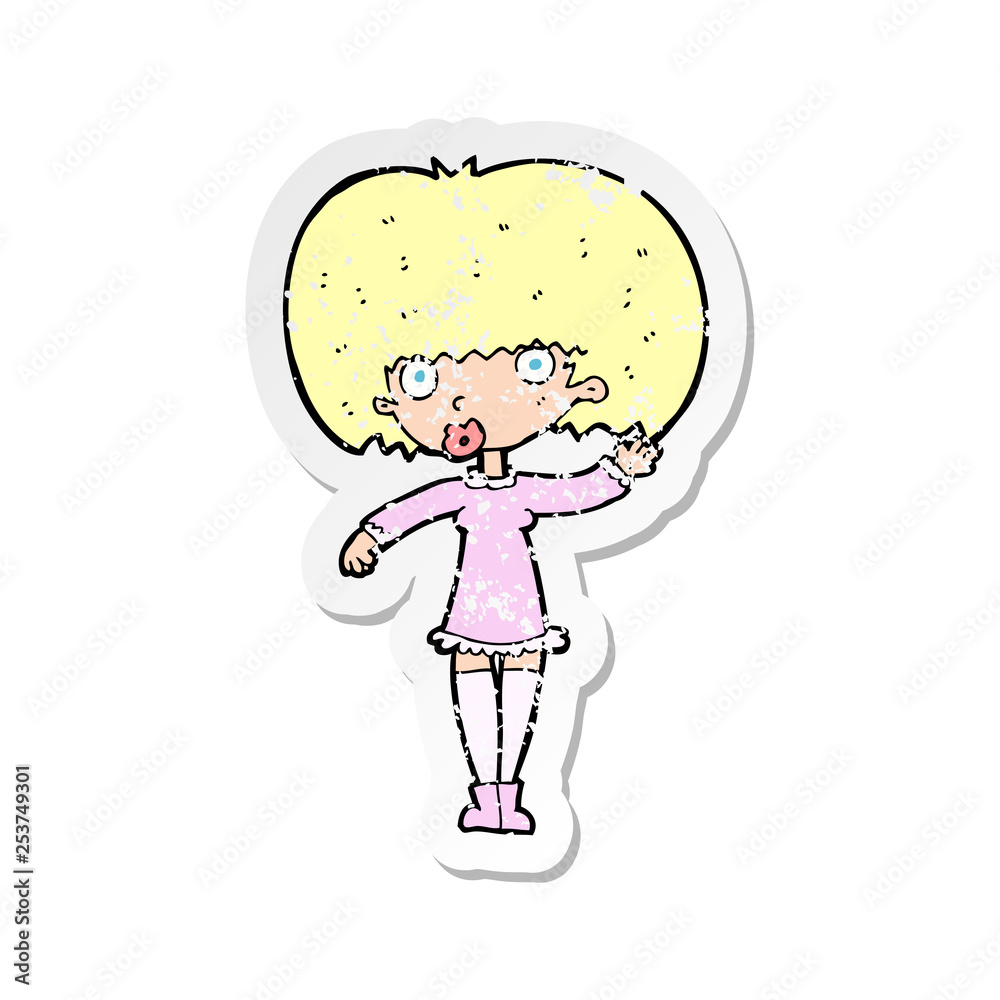 retro distressed sticker of a cartoon waving girl retro distressed sticker of a cartoon waving girl