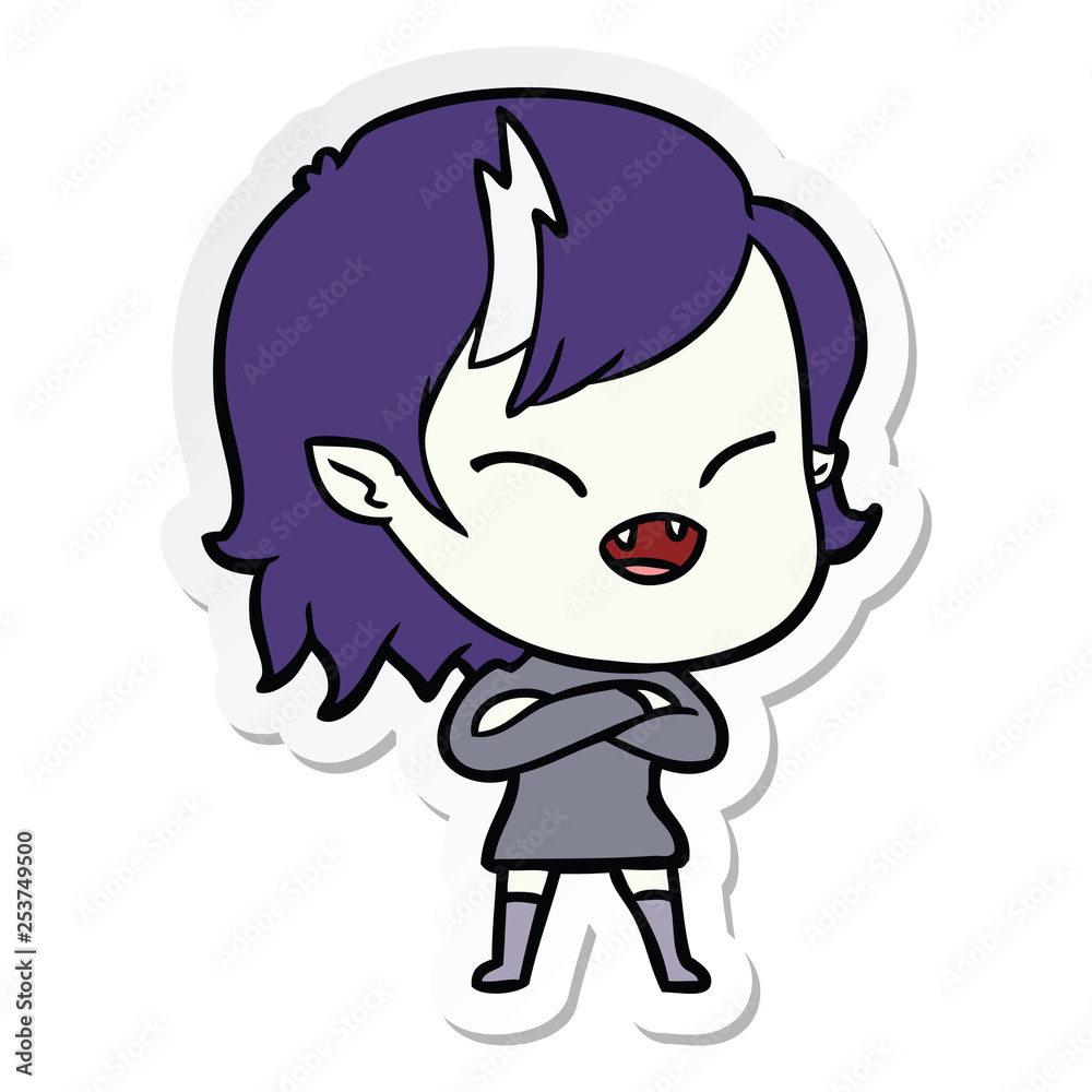 sticker of a cartoon laughing vampire girl with crossed arms