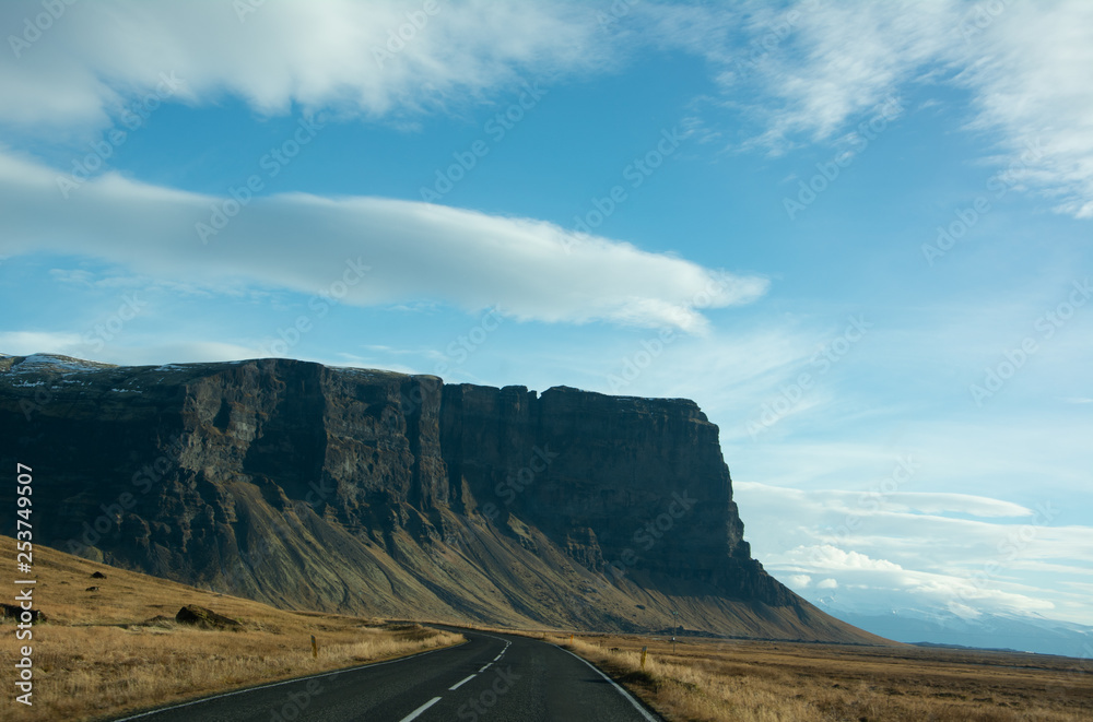 Icelandic road with mountains ahead