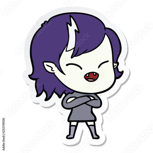 sticker of a cartoon laughing vampire girl with crossed arms