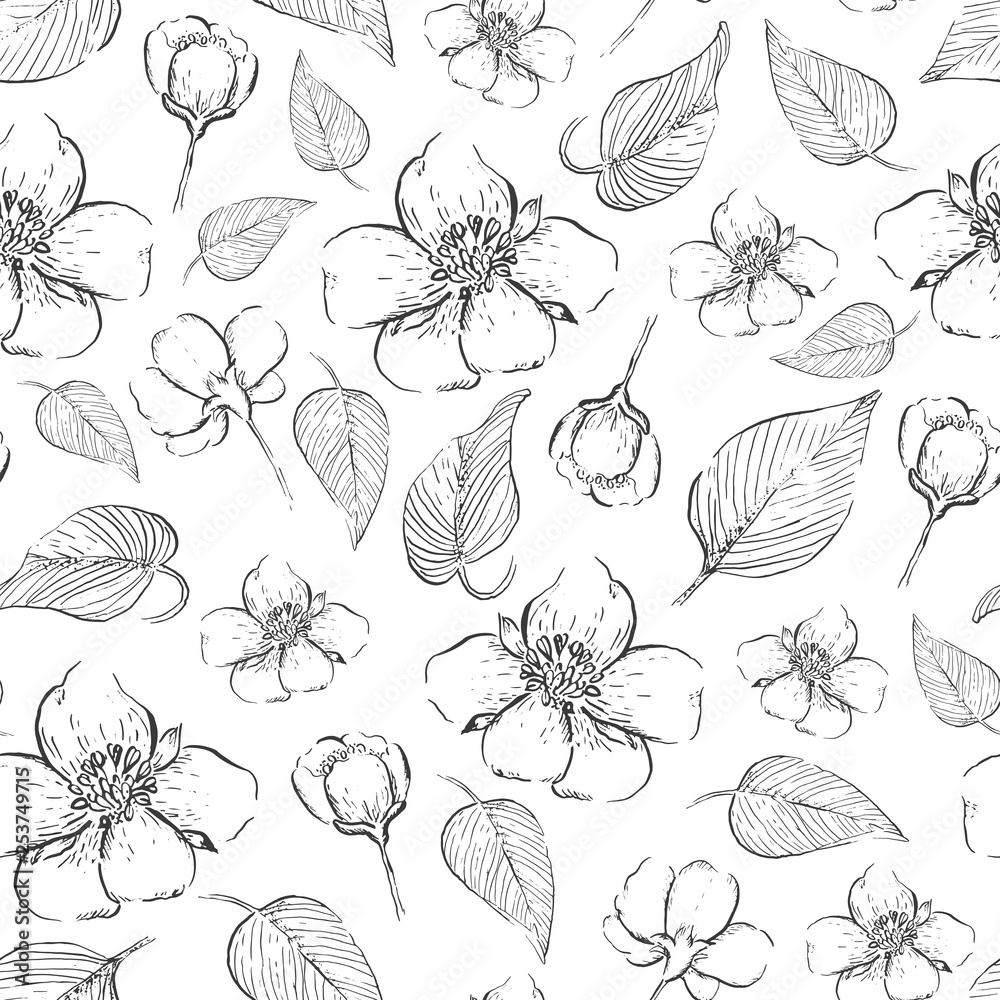 Beautiful seamless pattern with hand drawn flowers and leaves Beautiful seamless pattern with hand drawn flowers and leaves