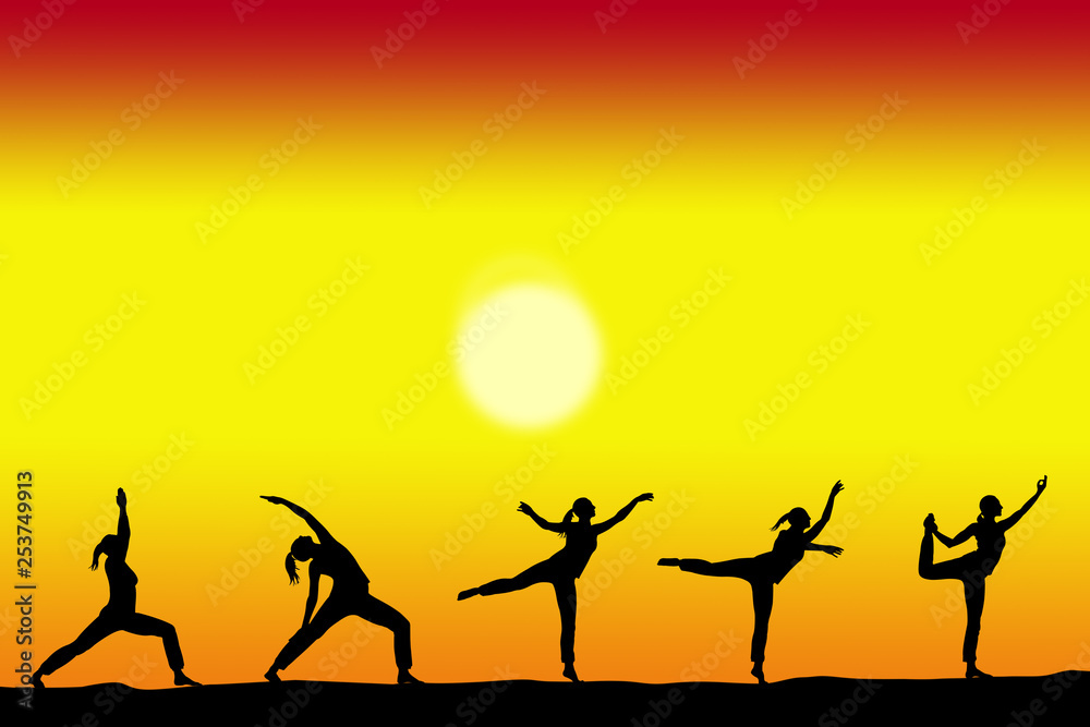 group of yoga female silhouettes with a sunset on the background and copy space for your text group of yoga female silhouettes with a sunset on the background and copy space for your text