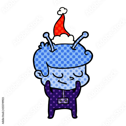 shy comic book style illustration of a spaceman wearing santa hat