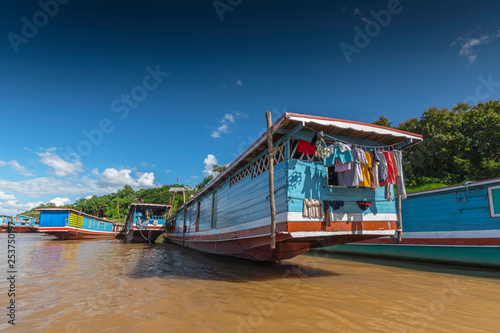 Docking Living Vessels in Port of Louangphrabang on Mekong River Laos.