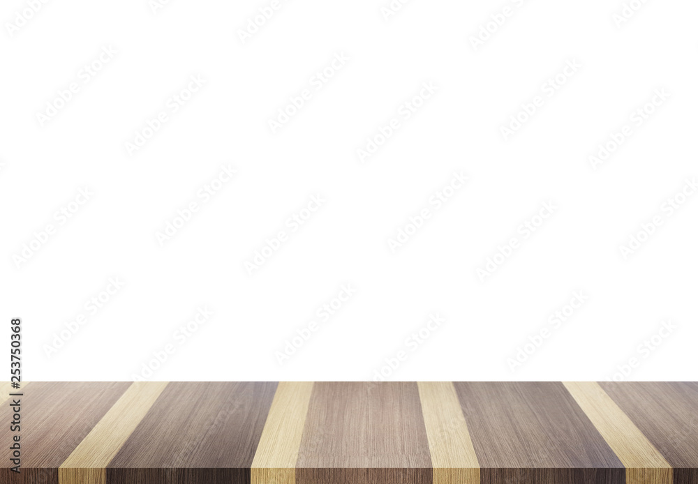 Empty wooden table. Wood table top and white background.