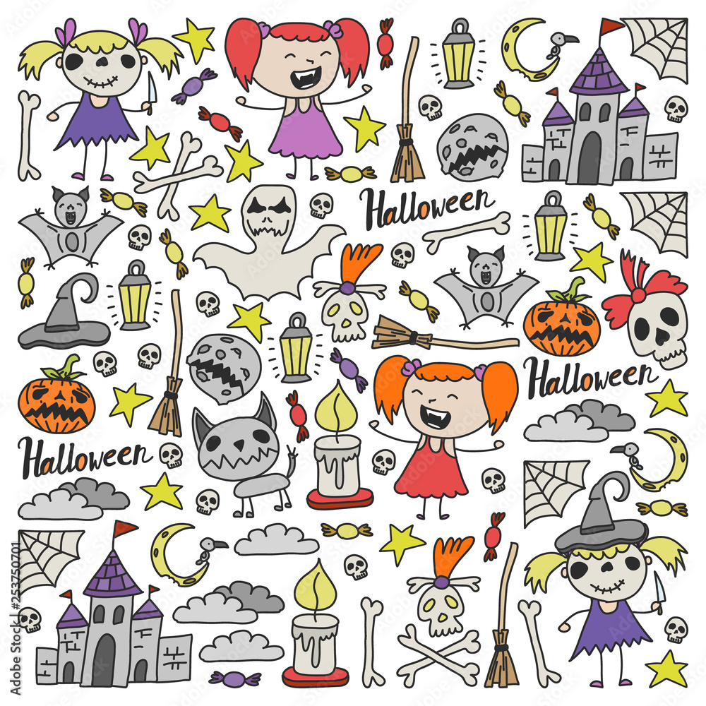 Halloween themed doodle set. Traditional and popular symbols - carved pumpkin, party costumes, witches, ghosts, monsters, vampires, skeletons, skulls, candles, bats. Isolated over white background.