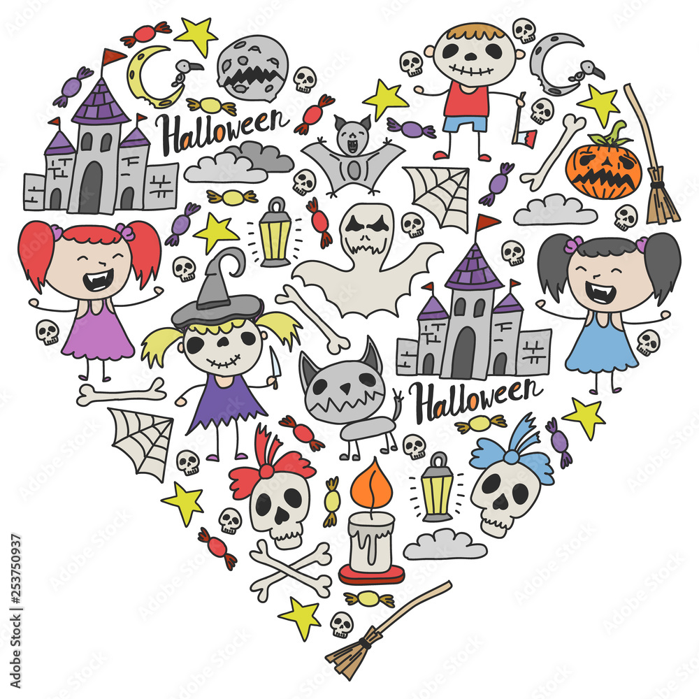 Halloween themed doodle set. Traditional and popular symbols - carved pumpkin, party costumes, witches, ghosts, monsters, vampires, skeletons, skulls, candles, bats. Isolated over white background. Halloween themed doodle set. Traditional and popular symbols - carved pumpkin, party costumes, witches, ghosts, monsters, vampires, skeletons, skulls, candles, bats. Isolated over white background.