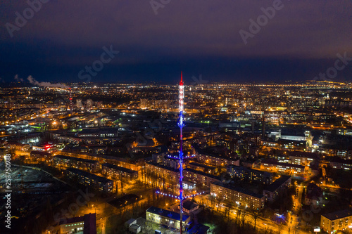 Aerial view of the TV tower of Kaliningrad, night time