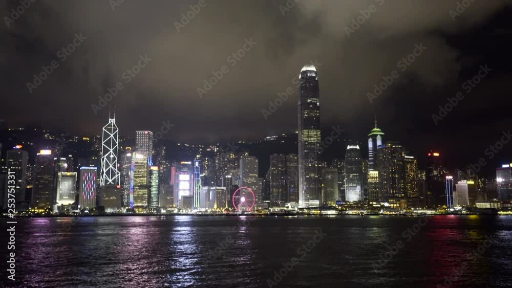 Handheld view of the Hong Kong skyline at night Handheld view of the Hong Kong skyline at night